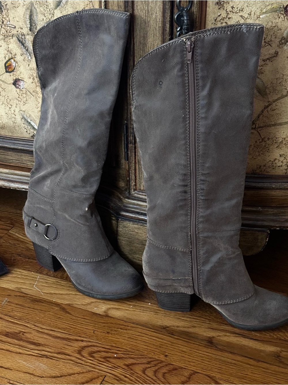 Fergalicious Gray Suede-Look Mid-Heel Knee Boots